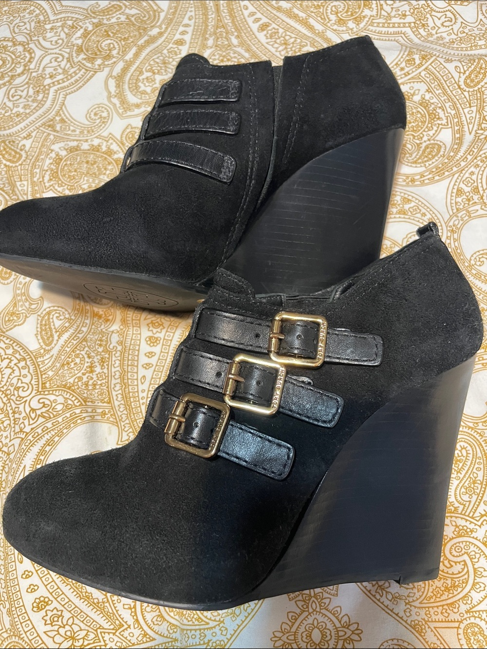 Tory Burch Black Suede Ankle Booties with Gold Buckle Accents